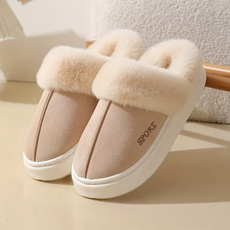 Casual Winter Slip-On Slippers for Women - Plush Lined Soft Fluffy House Shoes