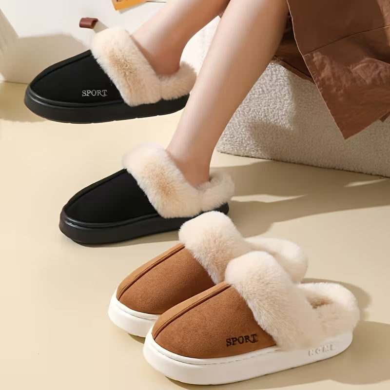 Casual Winter Slip-On Slippers for Women - Plush Lined Soft Fluffy House Shoes