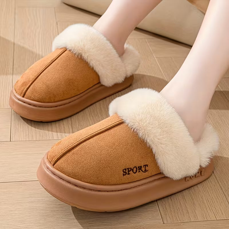 Casual Winter Slip-On Slippers for Women - Plush Lined Soft Fluffy House Shoes