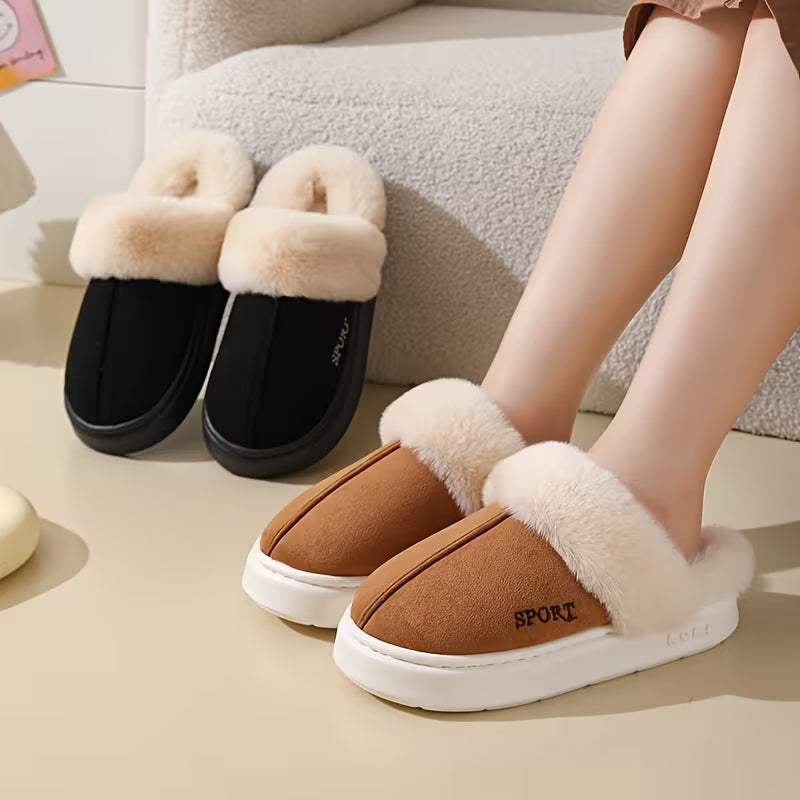 Casual Winter Slip-On Slippers for Women - Plush Lined Soft Fluffy House Shoes