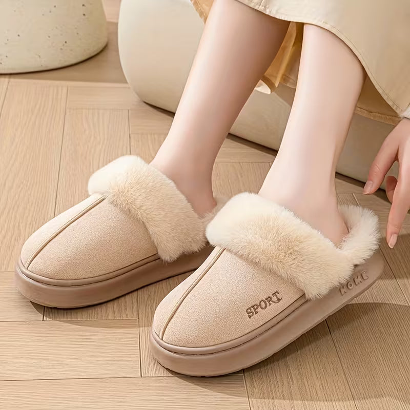 Casual Winter Slip-On Slippers for Women - Plush Lined Soft Fluffy House Shoes
